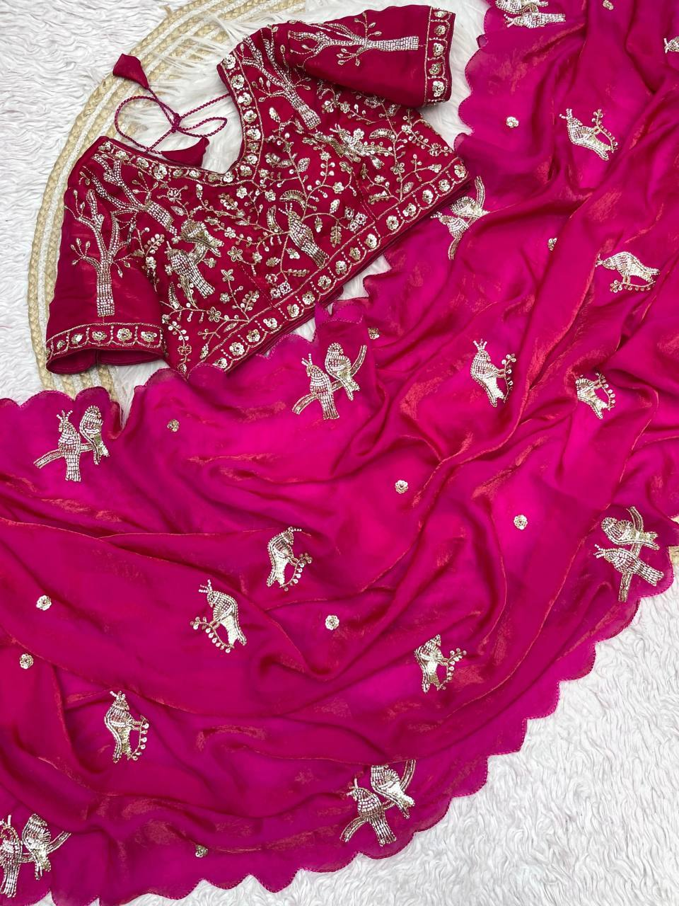 Rani Pink Chakli Saree - Fancy Satin Silk with Sparrow Butta Bits Work & Cutwork Border