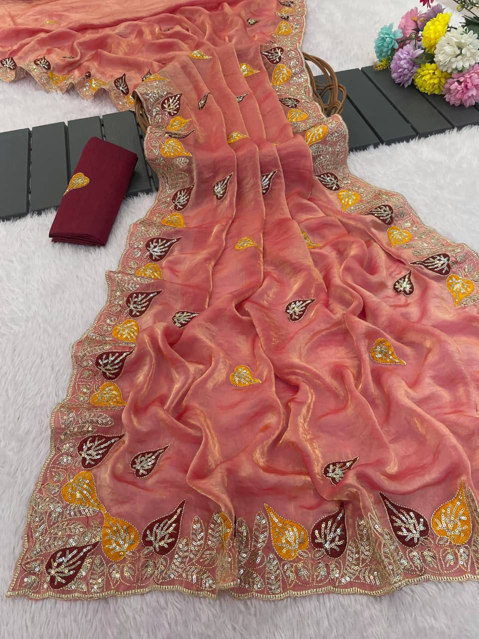 Peach Pure Fancy Satin Saree with 3mm Sequence Leaf Motif & Multi Thread Work