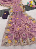 Mauve Pure Fancy Satin Saree with 3mm Sequence Leaf Motif & Multi Thread Work
