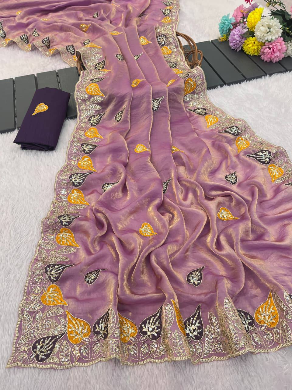 Mauve Pure Fancy Satin Saree with 3mm Sequence Leaf Motif & Multi Thread Work