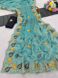 Sky Blue Pure Fancy Satin Saree with 3mm Sequence Leaf Motif & Multi Thread Work