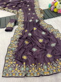 Purple Pure Star Georgette Silk Saree with Thread Work Embroidery & Piping Border