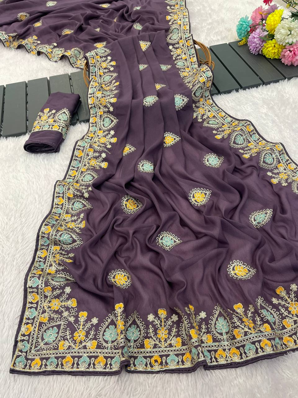 Purple Pure Star Georgette Silk Saree with Thread Work Embroidery & Piping Border