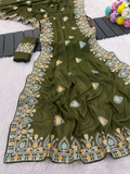 Olive Green Pure Star Georgette Silk Saree with Thread Work Embroidery & Piping Border