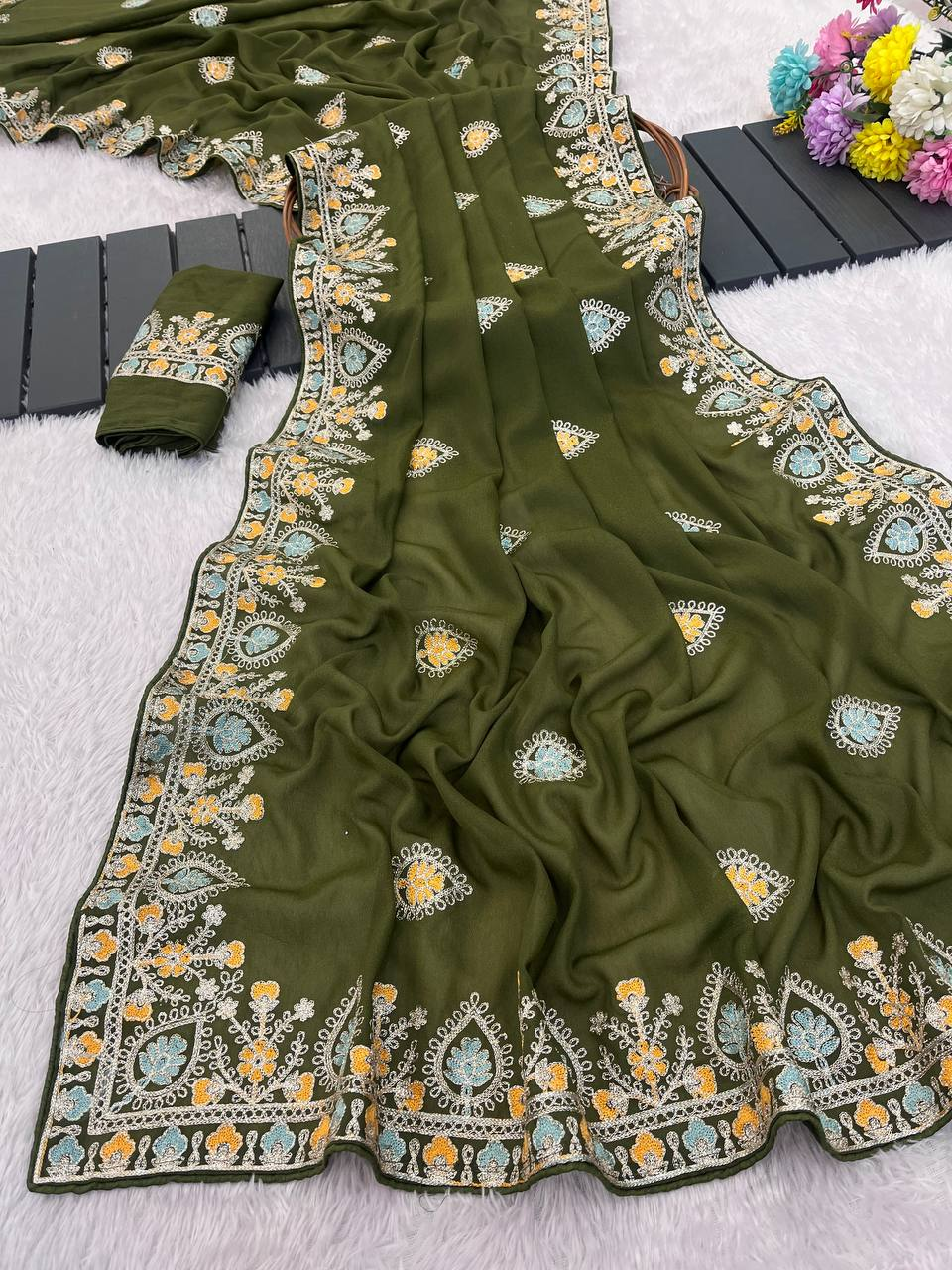 Olive Green Pure Star Georgette Silk Saree with Thread Work Embroidery & Piping Border