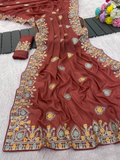Rust Brown Pure Star Georgette Silk Saree with Thread Work Embroidery & Piping Border