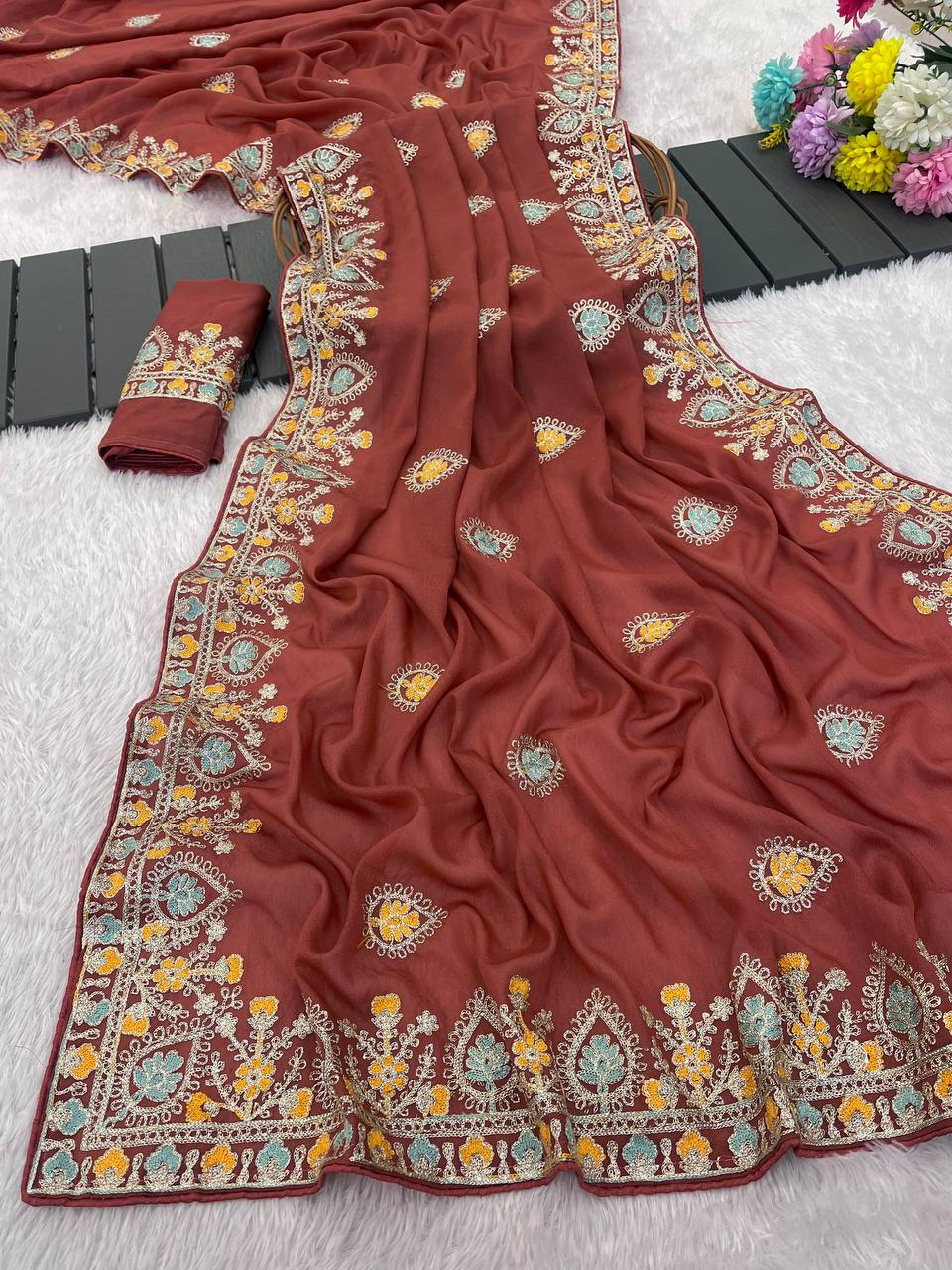Rust Brown Pure Star Georgette Silk Saree with Thread Work Embroidery & Piping Border