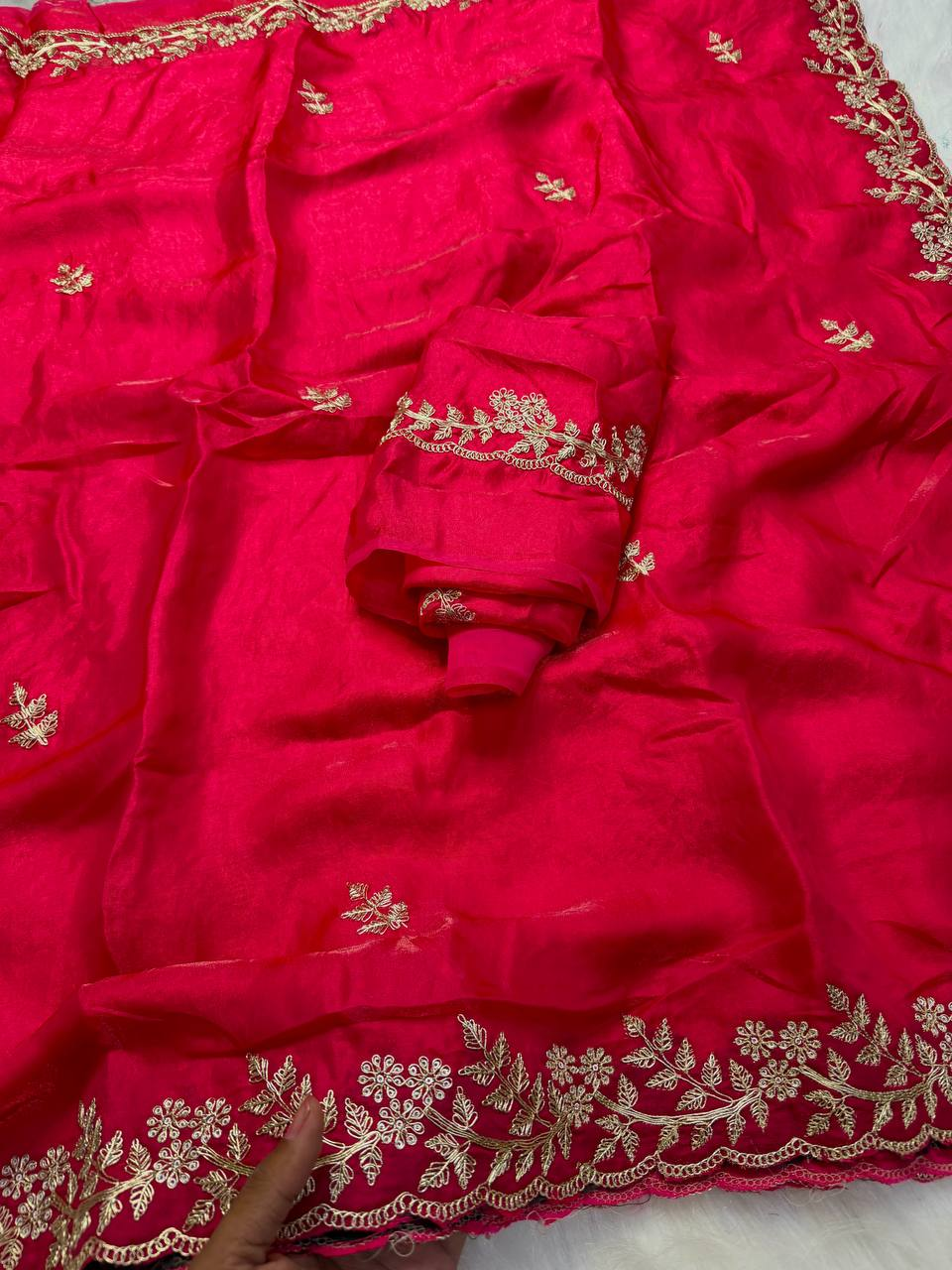 Rani Pink Premium Fancy Satin Saree with Spring Dori Embroidery & Butta Work