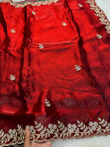 Red Premium Fancy Satin Saree with Spring Dori Embroidery & Butta Work