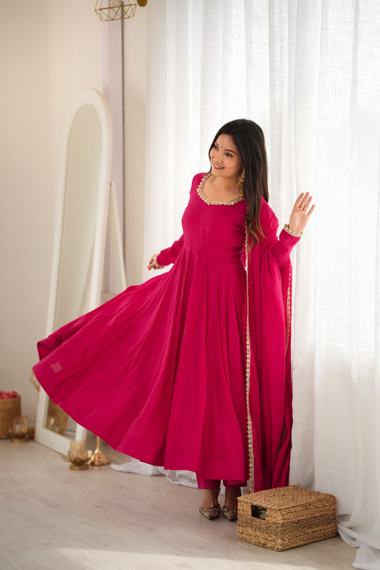 Rani Pink Mirror Work Anarkali Gown for Women with Dupatta