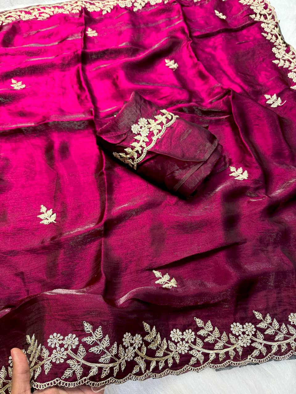 Magenta Premium Fancy Satin Saree with Spring Dori Embroidery & Butta Work