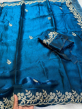 Peacock Blue Premium Fancy Satin Saree with Spring Dori Embroidery & Butta Work