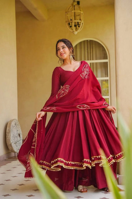 Heirloom Embroidered Anarkali Suit Set for Women - Roman Silk with Chanderi Dupatta