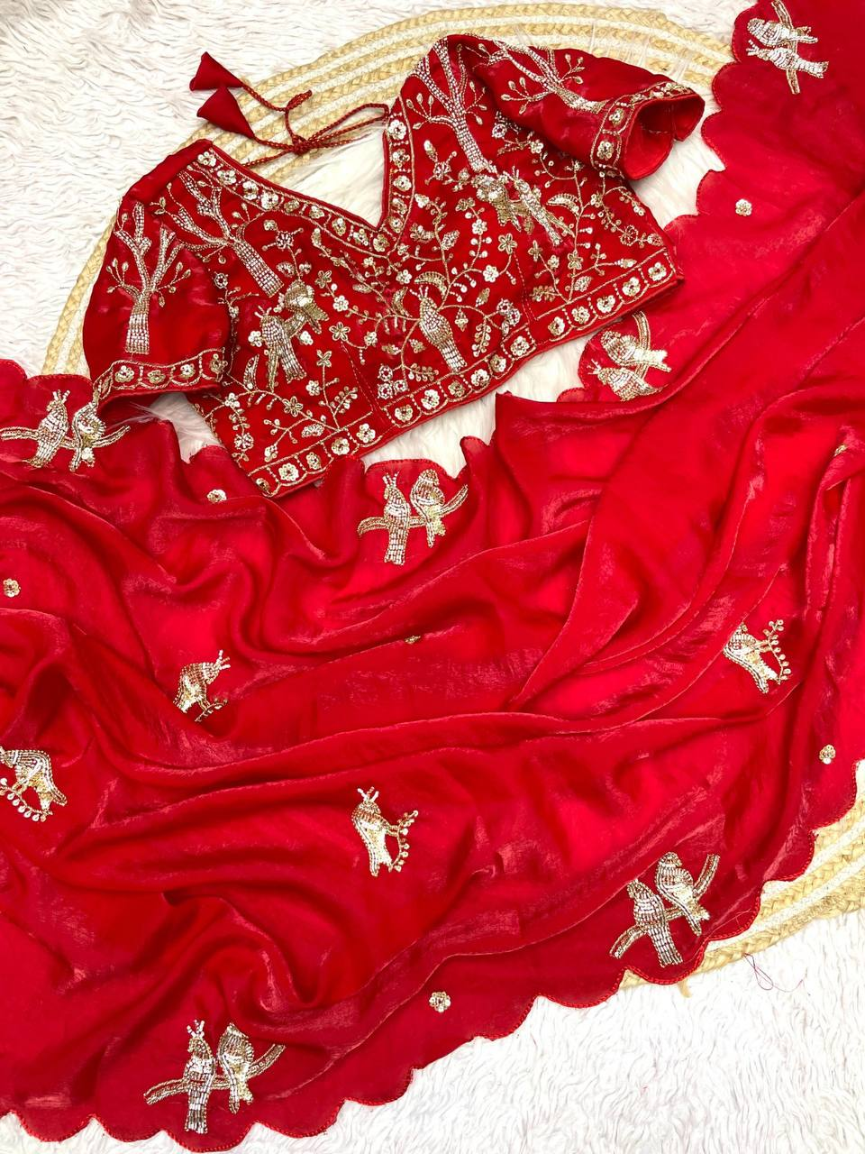 Red Chakli Saree - Fancy Satin Silk with Sparrow Butta Bits Work & Cutwork Border