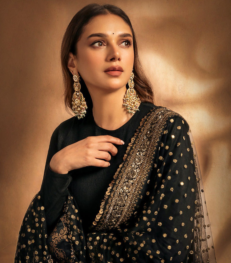Aditi's Black Colour Embroidered Anarkali Suit Set