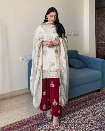 Admiring White & Red Color Chinnon Silk Palazzo Suit