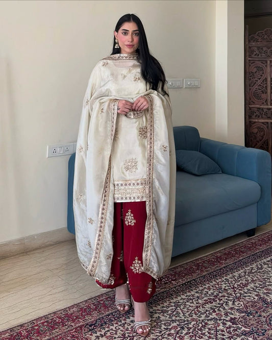 Admiring White & Red Color Chinnon Silk Palazzo Suit