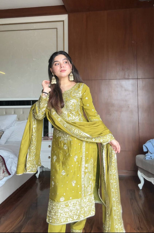 Amour Pretty Mehndi Color Full Heavy Sequence Work Salwar Suit With Dupatta For Occasion