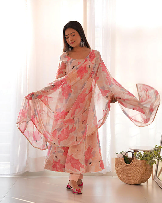 Model wearing a Beautiful Georgette Three-Piece Baby Pink Anarkali Suit Set, perfect for weddings and festive occasions - Stylish Anarkali Suit Set