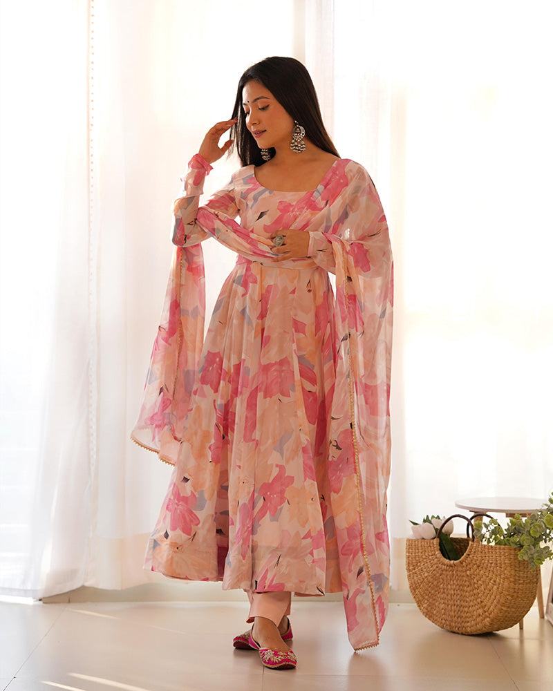 Model wearing a Beautiful Georgette Three-Piece Baby Pink Anarkali Suit Set, perfect for weddings and festive occasions - Stylish Anarkali Suit Set