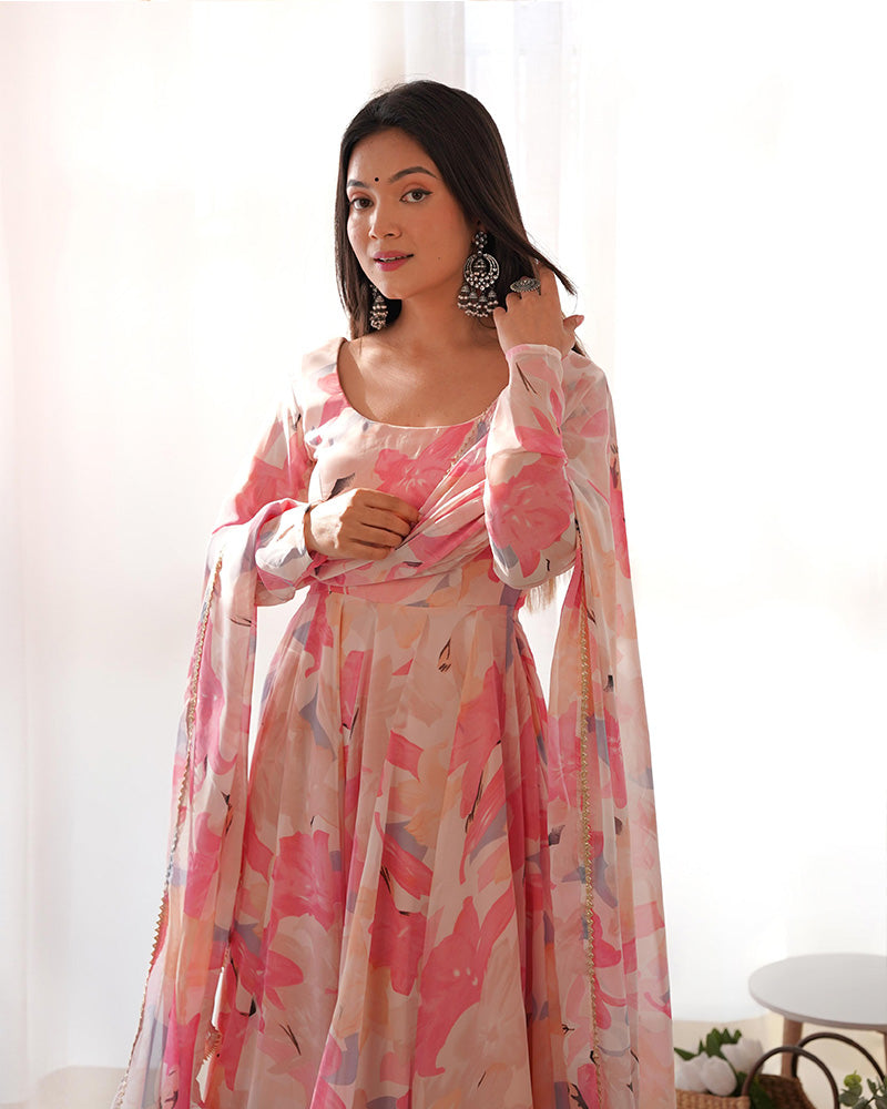 Model wearing a Beautiful Georgette Three-Piece Baby Pink Anarkali Suit Set, perfect for weddings and festive occasions - Stylish Anarkali Suit Set