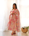 Model wearing a Beautiful Georgette Three-Piece Baby Pink Anarkali Suit Set, perfect for weddings and festive occasions - Stylish Anarkali Suit Set