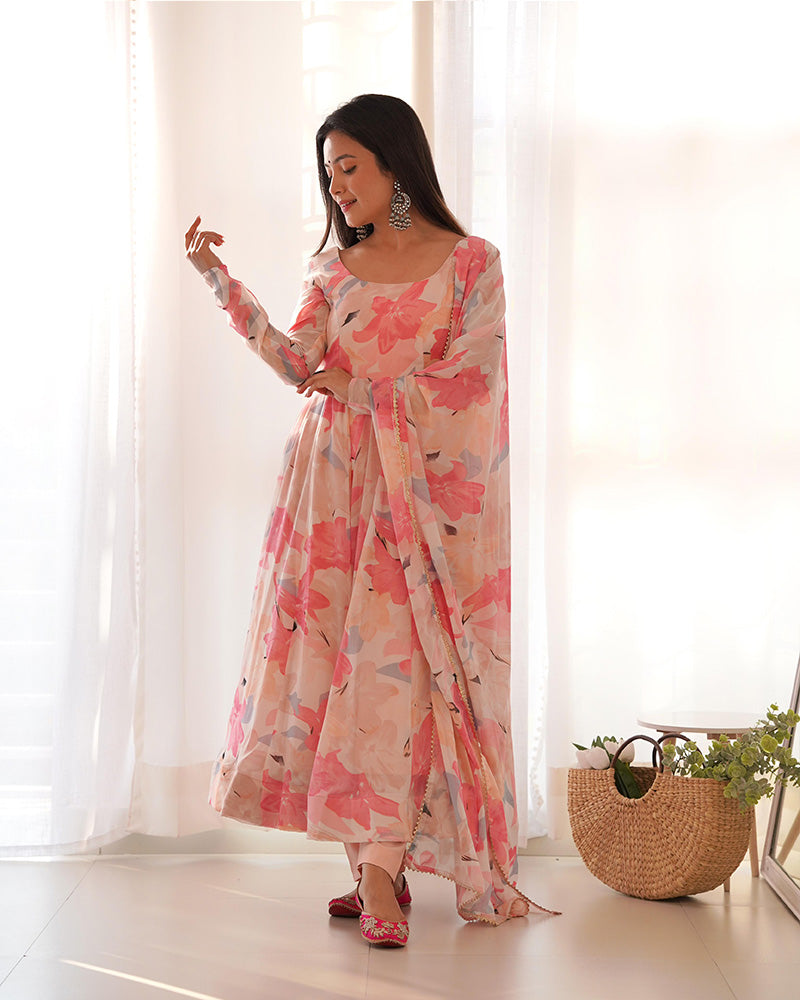 Model wearing a Beautiful Georgette Three-Piece Baby Pink Anarkali Suit Set, perfect for weddings and festive occasions - Stylish Anarkali Suit Set