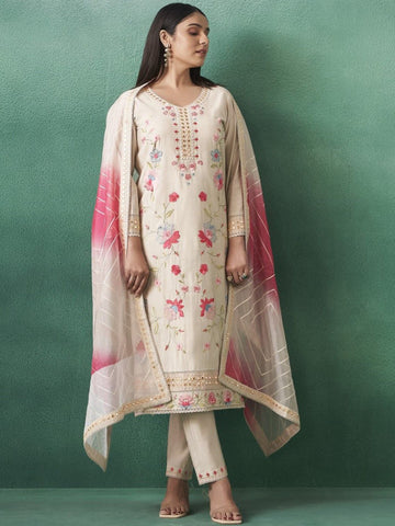 Baby Pink Embroidery Work Flower Design Kurta Suit Set With Dupatta