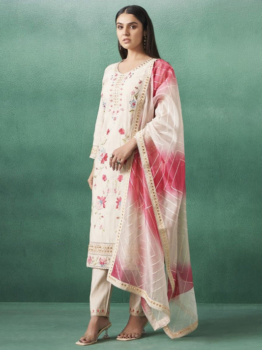 Baby Pink Embroidery Work Flower Design Kurta Suit Set With Dupatta