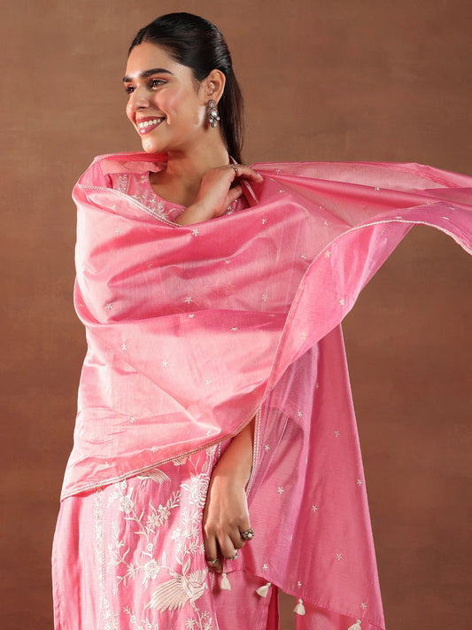 Baby Pink Embroidery Worked Straight Kurta Suit Set With Dupatta