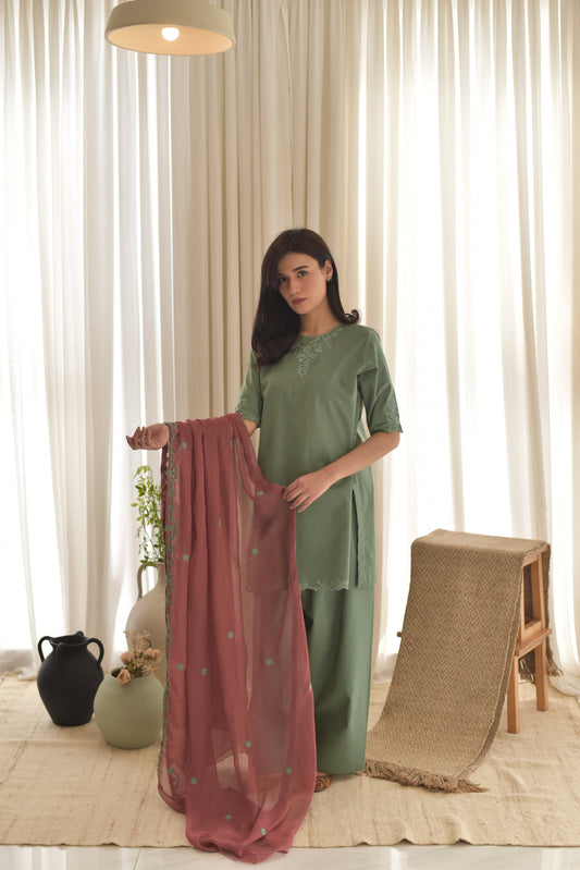 Beautiful French Crep Pista Color Embroidery Work Kurta And Plazzo Suit With Dupatta