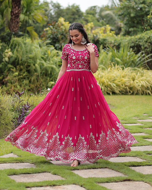 Beautiful Rani Color Zari Embroidered Anarkali Gown