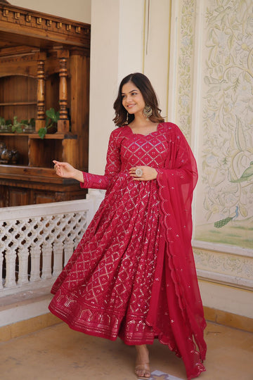 Beautiful Georgette Sequence Embroidery Work Purple Pink Gown With Dupatta