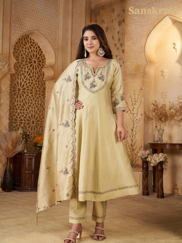 Biege Color Embroidered Cotton Kurta Suit Set With Dupatta