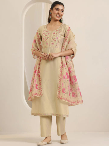 Biege Embroidery Neck Design Straight Kurta Suit Set With Printed Dupatta