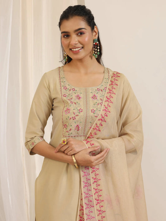 Biege Embroidery Neck Design Straight Kurta Suit Set With Printed Dupatta