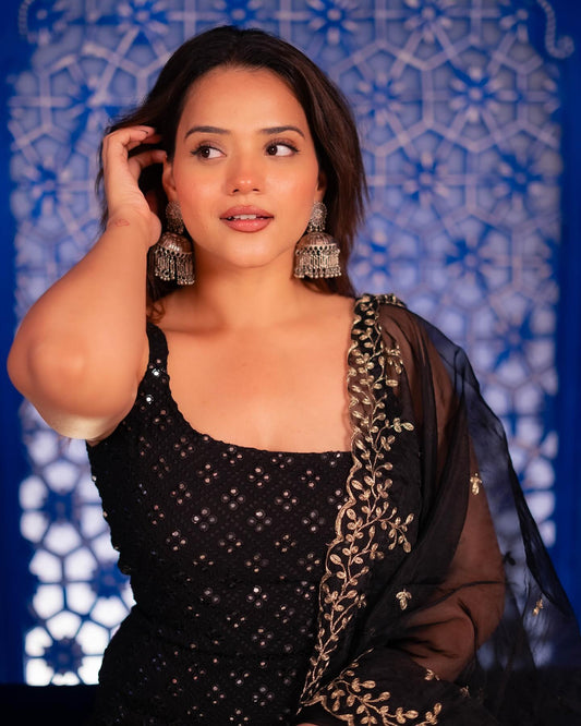 Black Georgette Embroidered Kurta And Sharara Suit Set with Dupatta