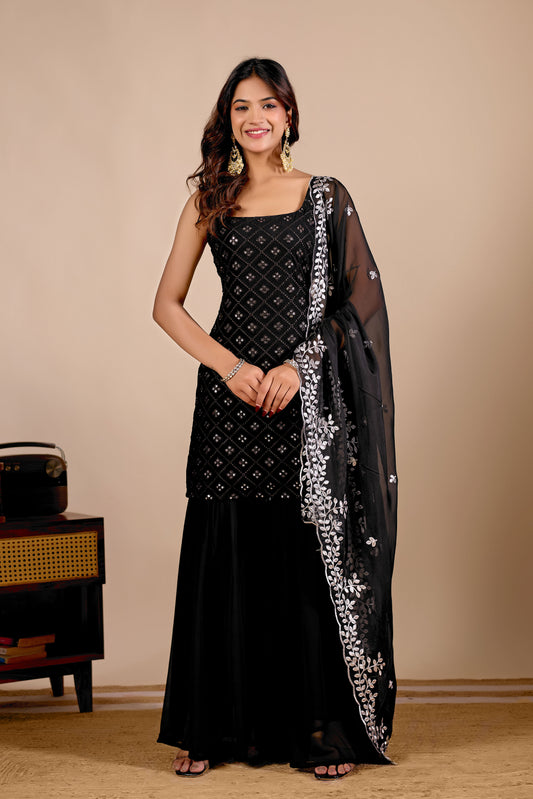 Black Kurta And Sharara Suit Set with Dupatta