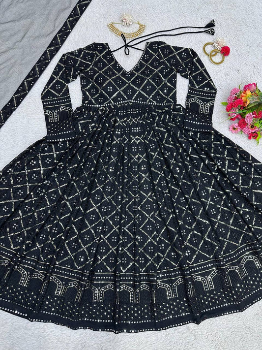 Black Embroidered Georgette Anarkali Suit Set