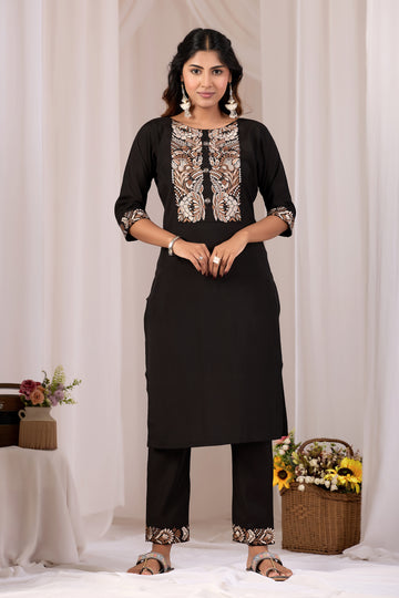 Black Embroidery Neck Work Cotton Straight Kurta Pant Set for Women