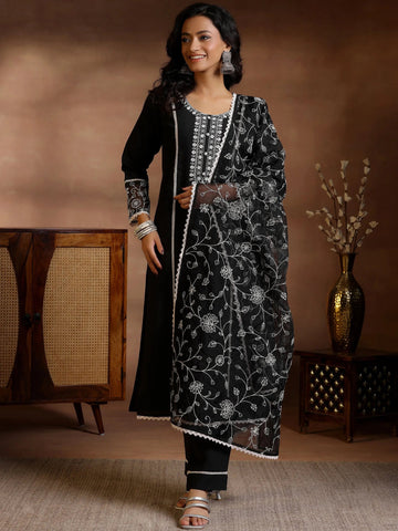 Black Yoke Embroidery Work Neck Design Straight Suit Set With Dupatta