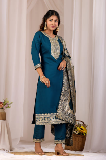 Blue Embroidery Neck Design Cotton Straight Kurta Pant Set for Women With Jacquard Dupatta