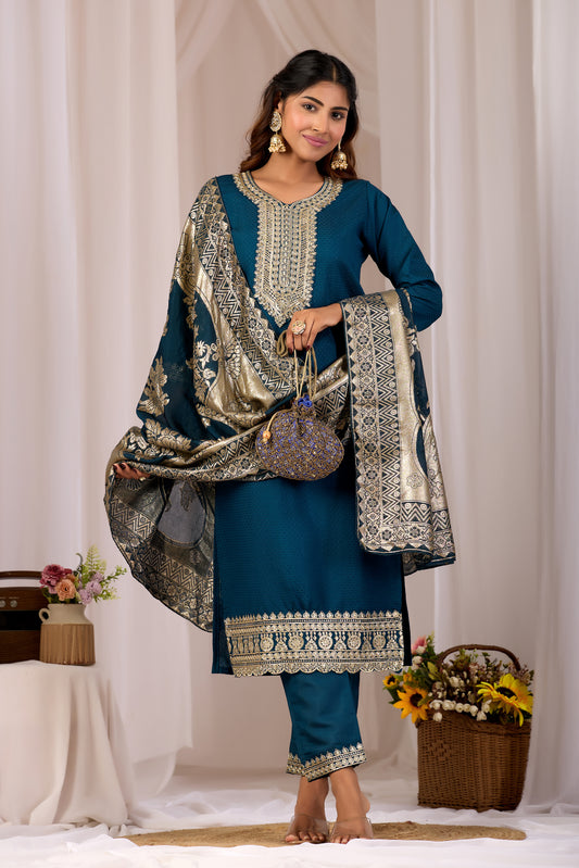 Blue Embroidery Neck Design Cotton Straight Kurta Pant Set for Women With Jacquard Dupatta