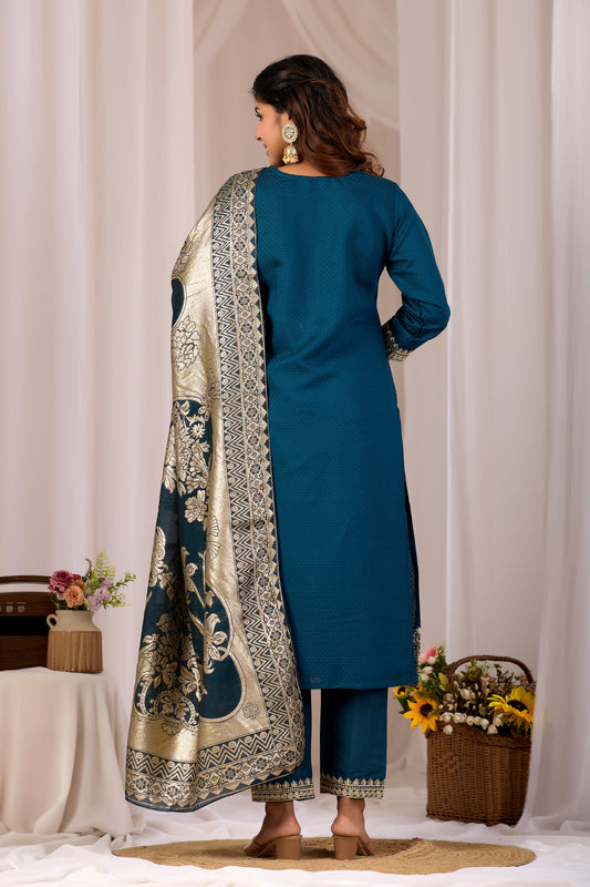Blue Embroidery Neck Design Cotton Straight Kurta Pant Set for Women With Jacquard Dupatta