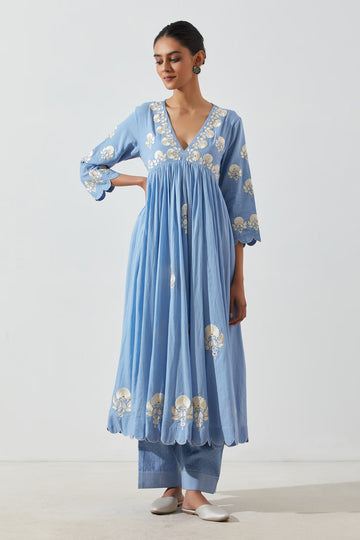 Blue Floral V Neck Mogra Embroidered Anarkali Suit With Pant Set