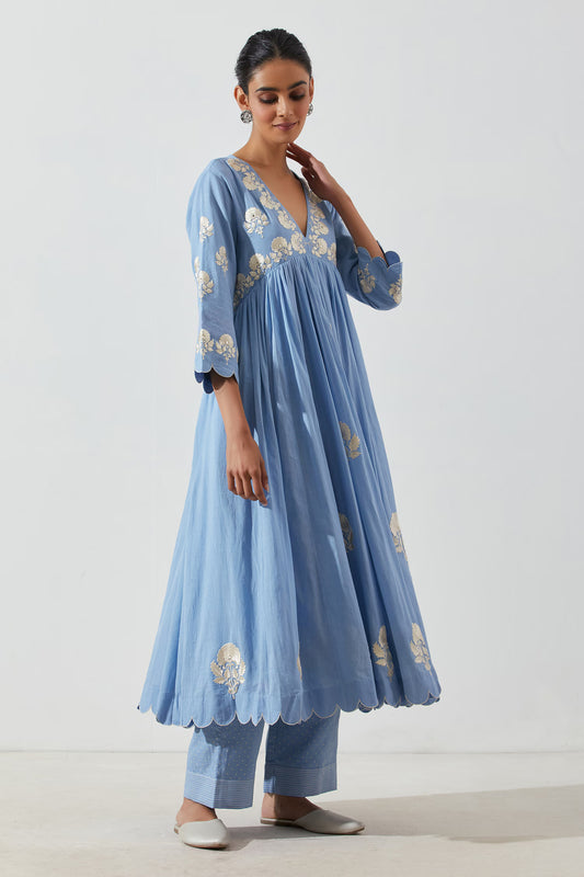 Blue Floral V Neck Mogra Embroidered Anarkali Suit With Pant Set