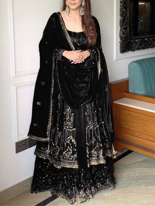 Blush Black Embroidered Anarkali Gown with Sequence Work Lahenga And Dupatta Set