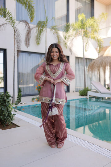 Blush Pink Short Kurti Pant Set with Mirror Embellishments and Matching Potli Bag
