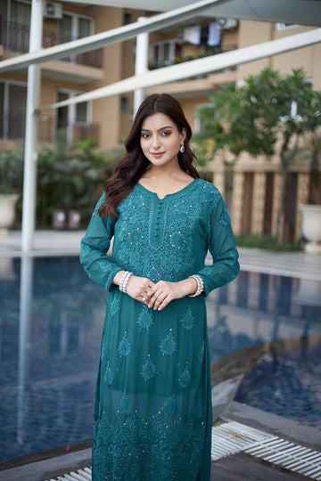 Bottle Green Kurti Palazzo in Georgette With Rich Cotton Thread Embroidery