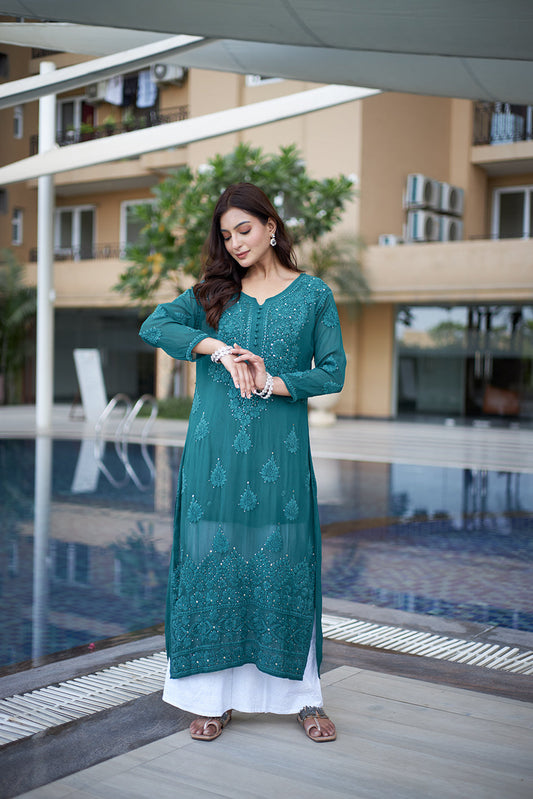 Bottle Green Kurti Palazzo in Georgette With Rich Cotton Thread Embroidery